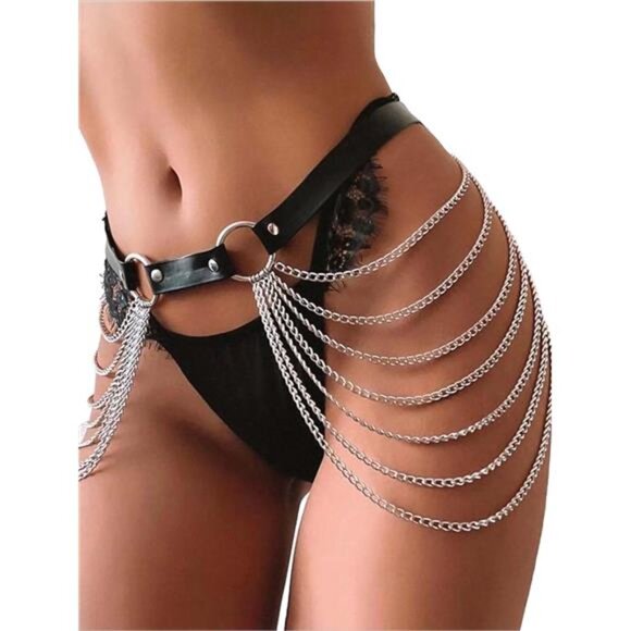 Women\'s Waist Chain Belt Punk Black Leather Body Accessories Adjustable main image 7
